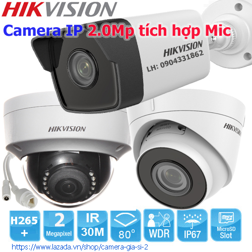 ( Chính Hãng ) CAMERA IP HIKVISION TÍCH HỢP MIC 2MP H.265+ Cấp nguồn POE . chống nước IP67, DS-2CD1023G0-IUF DS-2CD1123G0-IUF DS-2CD1323G0-IUF