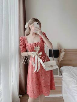 Đầm Xòe Họa Tiết Tay Dài Nơ Quàng Cổ Chất Liệu Voan ,Sang Trong Thời Trang Nữ TDD Mẫu One Size Dưới 55kg