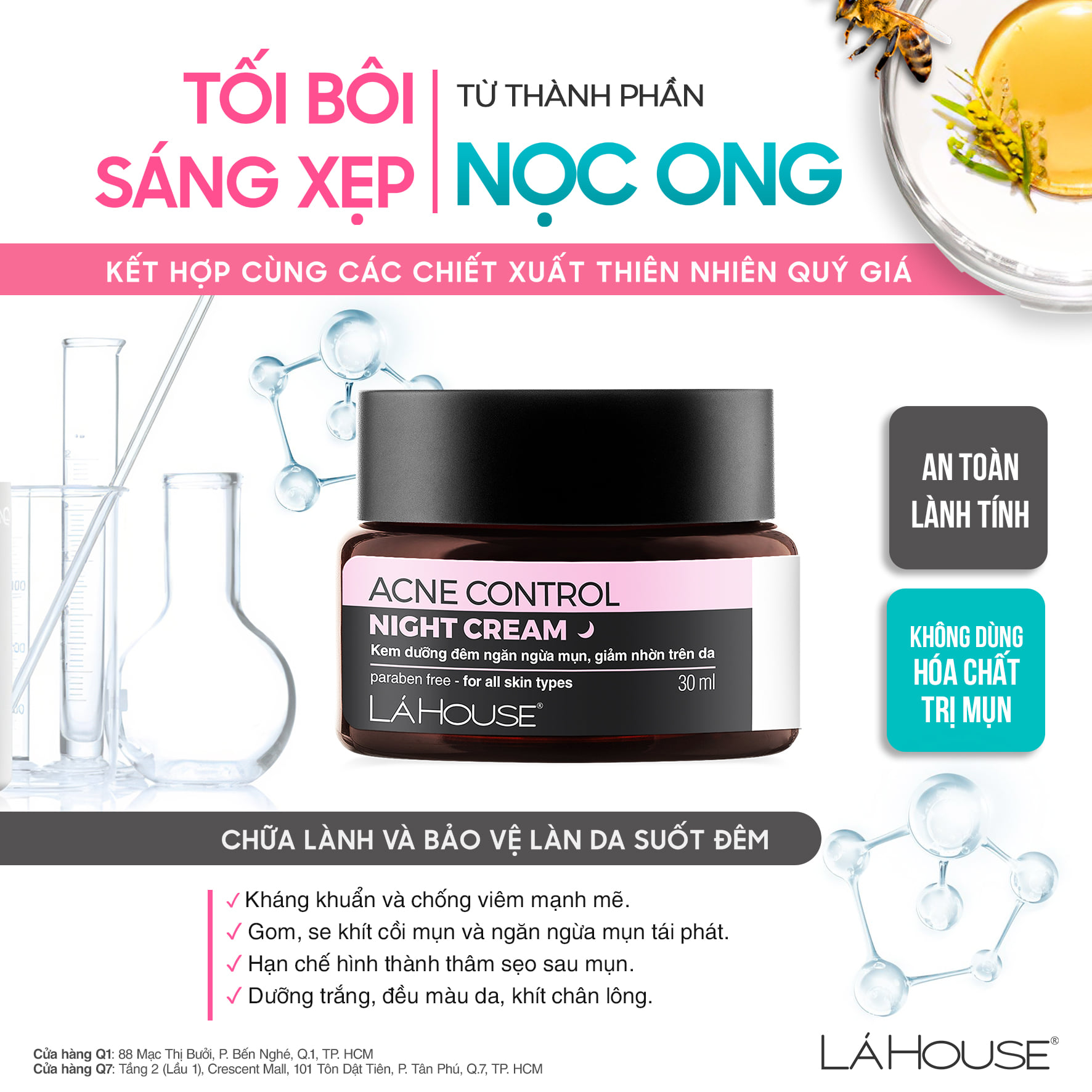 Kem dưỡng đêm dành cho da mụn, giảm thâm mụn, mờ sẹo, sáng da Lá House Acne Control Night Cream 10ml/30ml