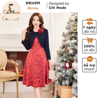 Đầm công sở CITI MODE FASHION thiết kế dáng xoè hoa đỏ phối áo xanh đính hoa DH4499