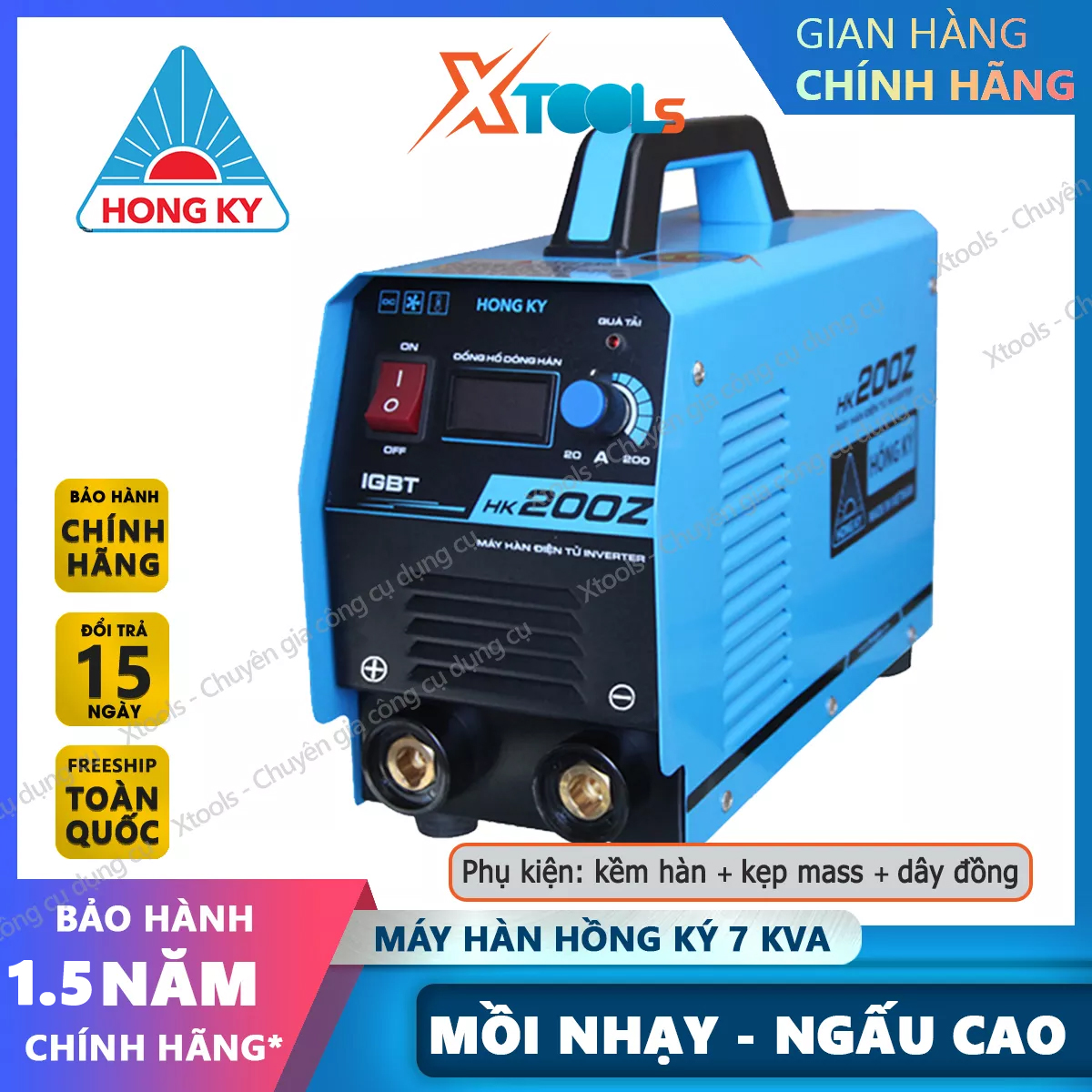 Máy hàn điện tử inverter Hồng Ký HK200Z 200 ampe độ ngấu cao/chế độ chống giật, chống quá tải, quá nhiệt, độ nhạy cao, kéo que 3.2mm