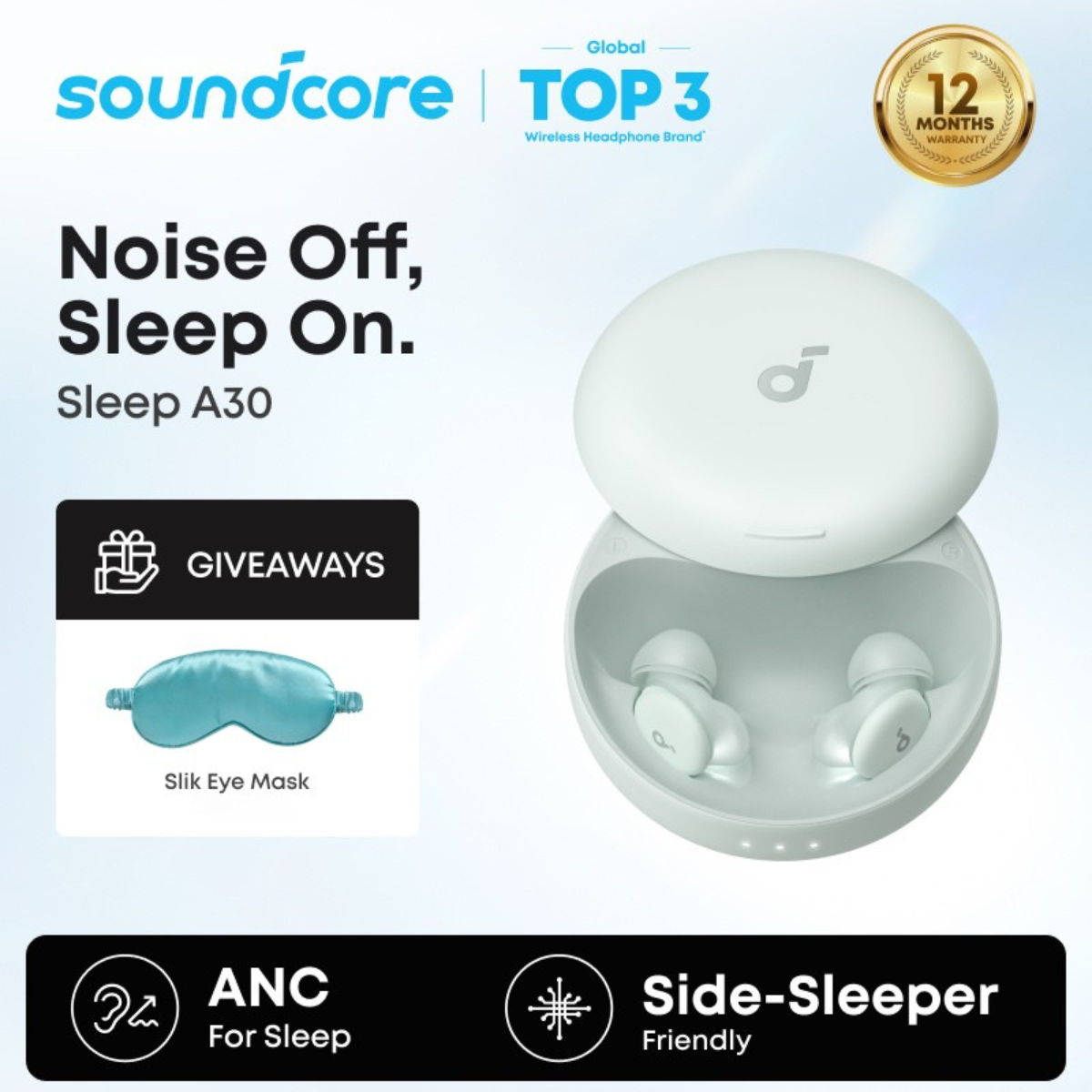 soundcore Sleep A30 by Anker Sleep Earbuds, Smart Active Noise Cancelling Sleep Headphones, Adaptive Snore-Masking System, Ultra-Comfort for Side Sleepers, 45H Playtime