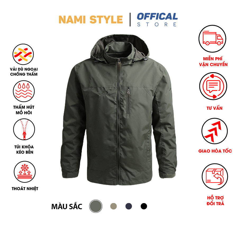 Áo khoác dù nam trơn có nón áo gió form rộng chất liệu dù 2 lớp dày dặn chống nắng cực tốt-AK02