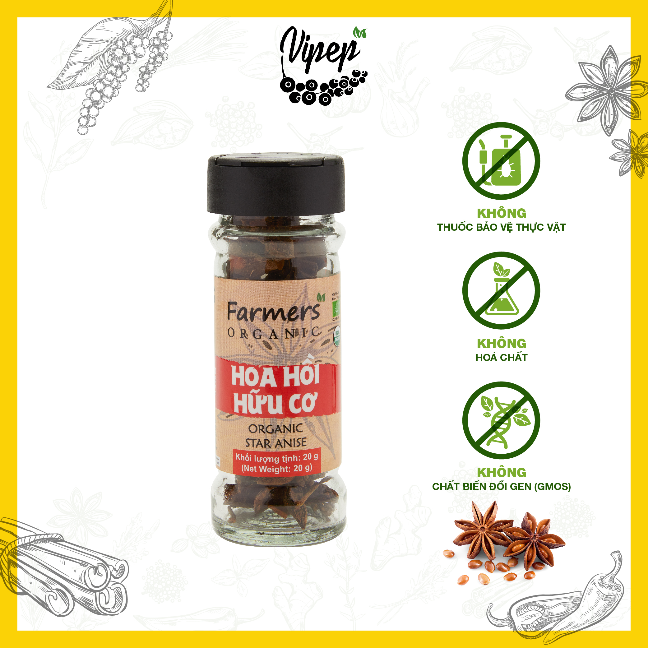 Hoa hồi hữu cơ Farmers 20g nguyên cánh gia vị chuẩn vị phở, các món tiềm ninh, hỗ trợ cải thiện giấc ngủ (hũ thuỷ tinh)