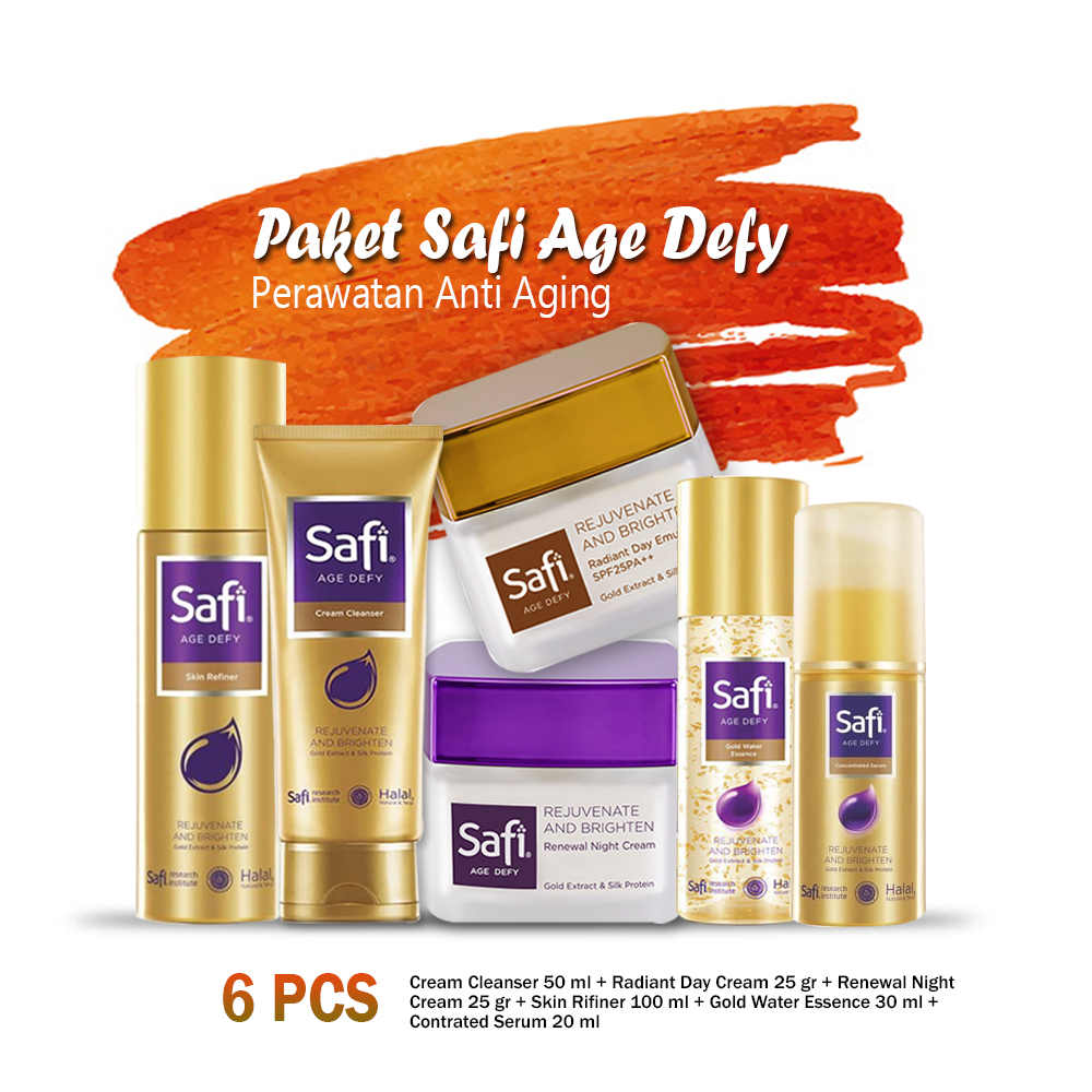 Paket Safi Age Defy 6 pcs (Cream Cleanser 50 ml + Day Cream 25 gr + Night Cream 25 gr + Skin Refiner 100 ml + Gold Water Essence 30 ml + Concentrated Serum 20 ml)