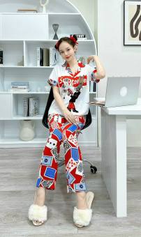 Pijama Lụa Mango cao cấp Quần dài ngắn tay hình lá bài tây, đồ ngủ nữ