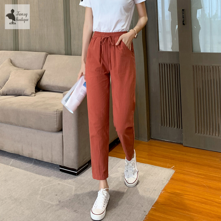 Quần baggy nữ vải đũi xước Hàn mặc cực mát