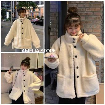 Áo khoác lông nữ khuy cài cao cổ túi vuông màu trắng- Áo lông nữ form rộng unisex- áo khoác lông cừu mượt àm ấm áp, áo lông trắng phong cách ulzzang, áo lông cừu cổ  bẻ thời trang hàn quốc, AMELIA, Áo khoác mùa đông học sinh đi học