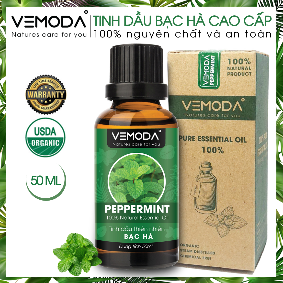 Tinh dầu Bạc hà cao cấp Vemoda 50ml | Peppermint Essential Oil.  Tinh dầu xông phòng. Tinh dầu thơm phòng mùi hương Bạc hà giúp khử mùi, kháng khuẩn, thư giãn, thanh lọc không khí. Đuổi chuột, đuổi muỗi hiệu quả