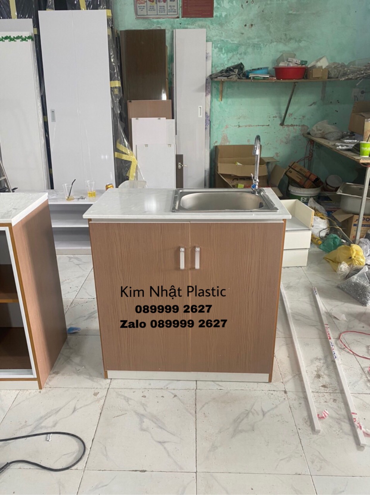 Tủ bếp mini có bồn rửa nhựa Đài Loan mặt gạch FREESHIP