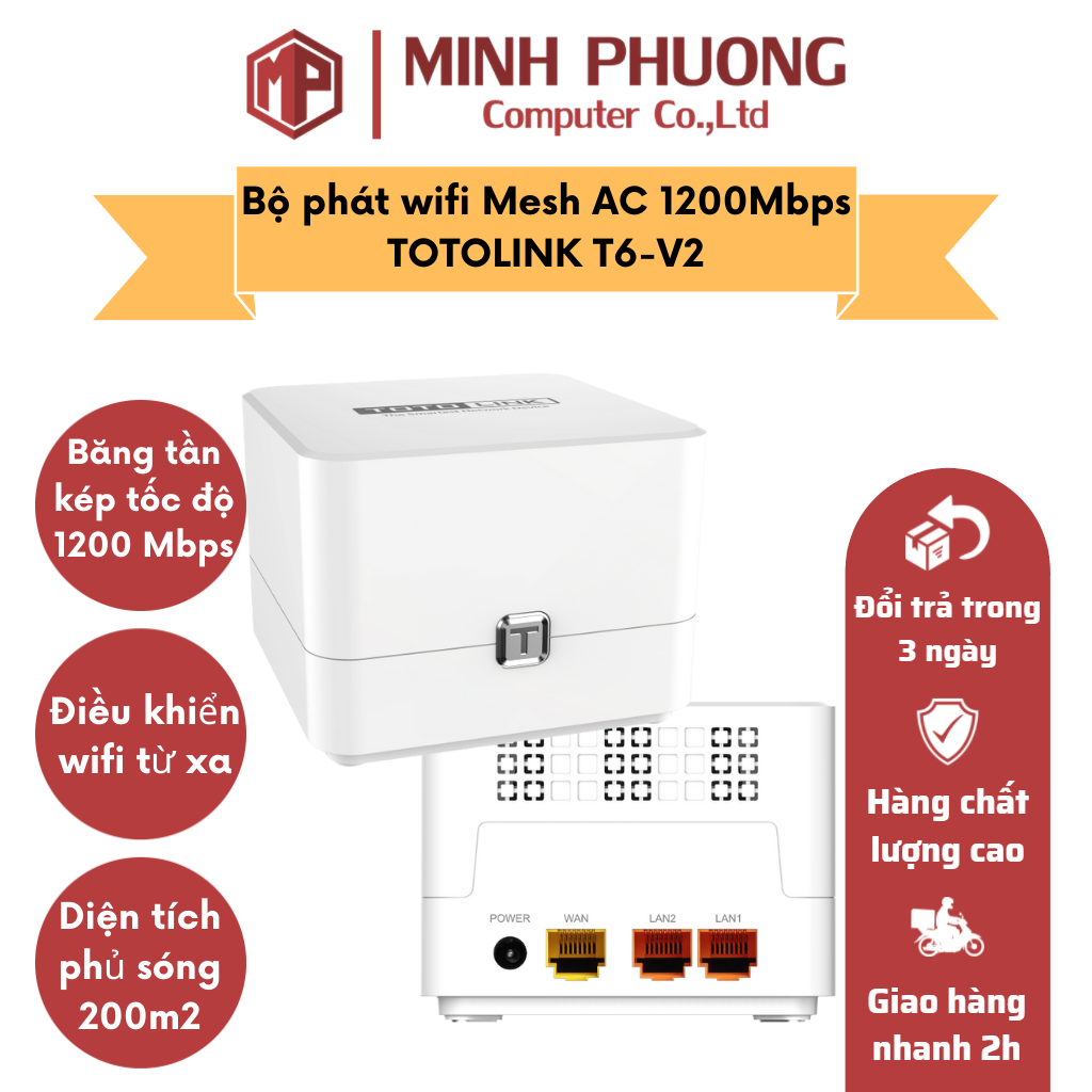 Bộ Phát Wi-Fi cho toàn ngôi nhà AC1200 TOTOLINK T6 (2 pack) - Hãng chính hãng