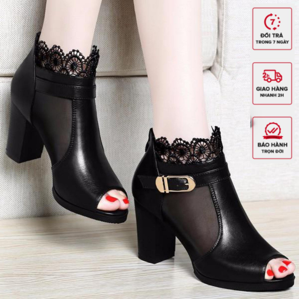 Giày Boot Cổ Lưới Hoa da mềm nữ khóa sau cao cấp-boot mũi vuông đế 6 phân