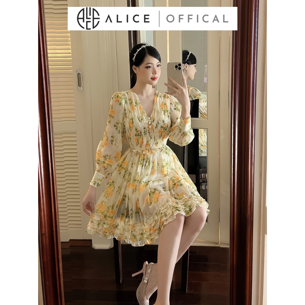 Váy hoa xòe tiểu thư alice thiết kế cổ v sang chảnh váy tơ óng tiểu thư đi biển, du lịch v812