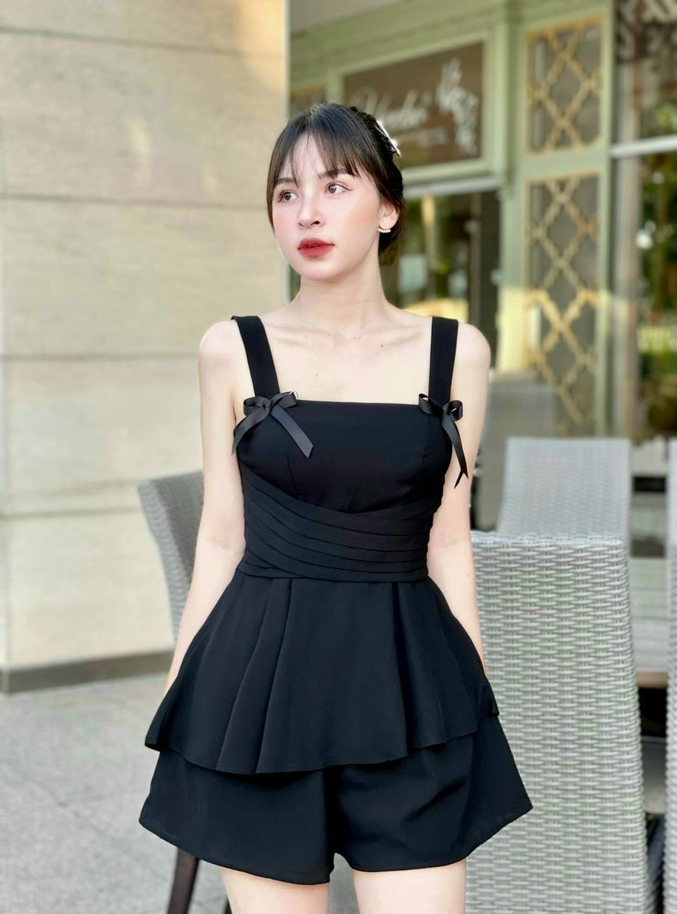 Sét bộ đồ nữ áo hai dây đính nơ phối quần đùi trẻ trung Đ DX5