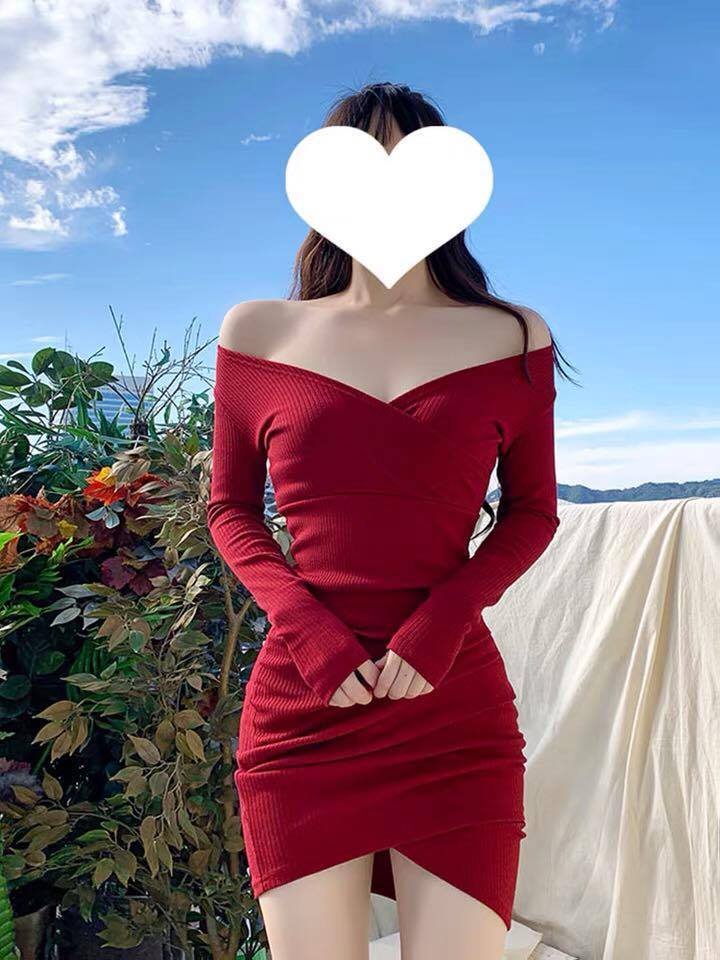 Váy đầm body dáng ôm đầm body cổ tim đầm body tay dày sang trọng