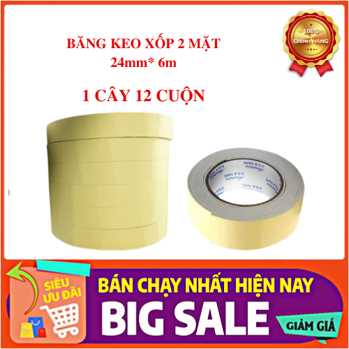 Băng keo xốp 2 mặt 1 cây 24mm* 6m