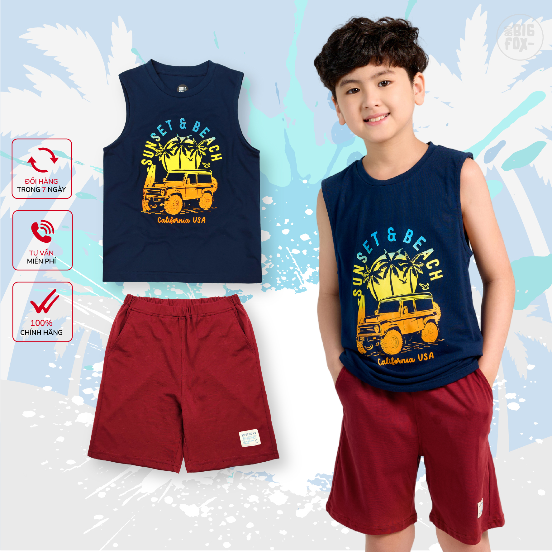 Đồ bộ bé trai BIGFOX - MISS MEOW size đại, bộ ba lỗ cho bé chất cotton phong cách Âu Mỹ hình in Ô Tô Sunset 11 – 40 QATE