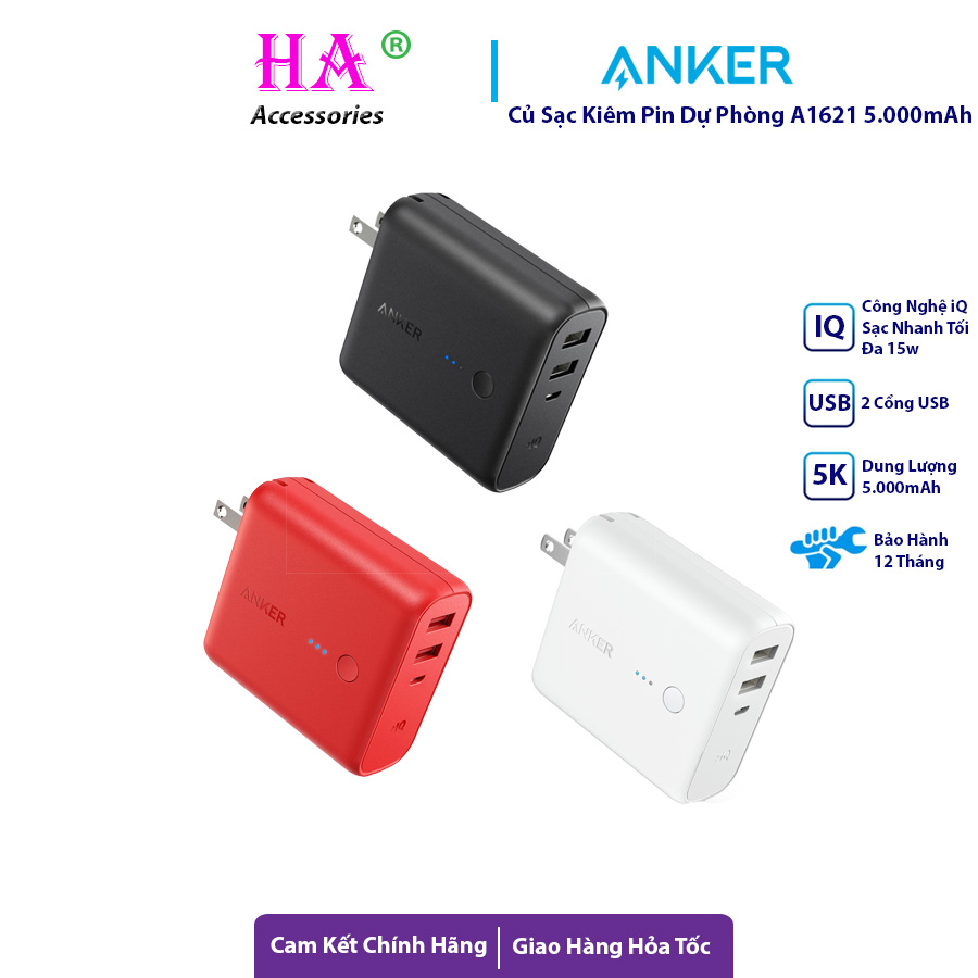 Củ sạc kiêm pin dự phòng anker 5.000mah a1621 2 cổng usb a sạc nhanh 15w