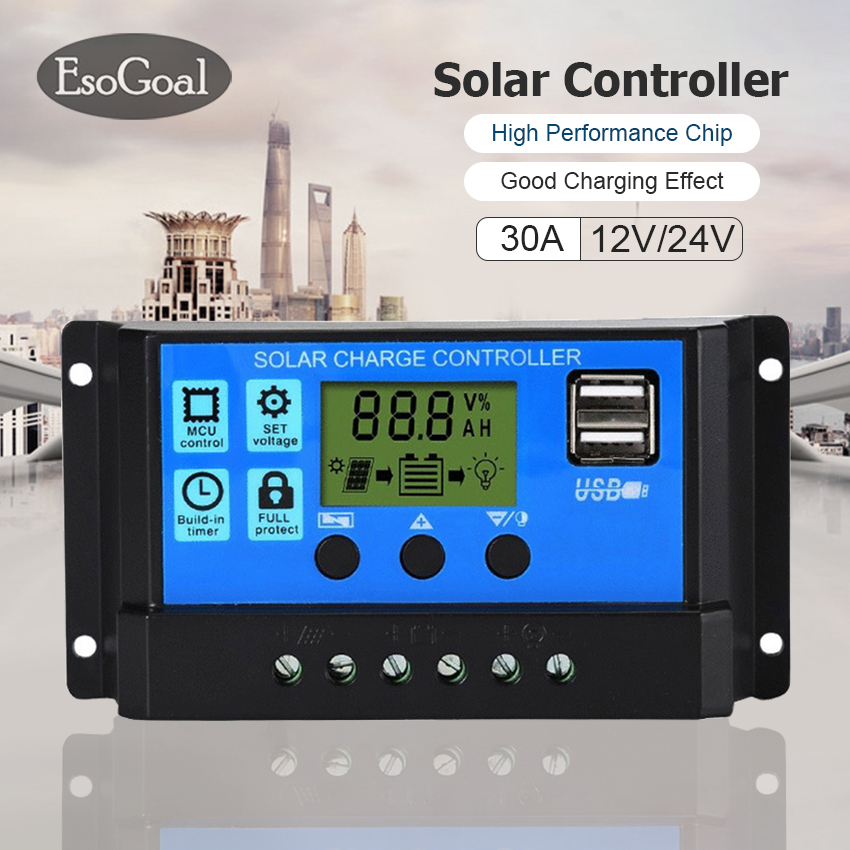 EsoGoal 30A Solar Charge Controller Solar Panel Controller 12V/24V Adjustable LCD Display Solar Panel Battery Regulator With USB Port Auto PWM Controllers Intelligent System Charging Controller For Home