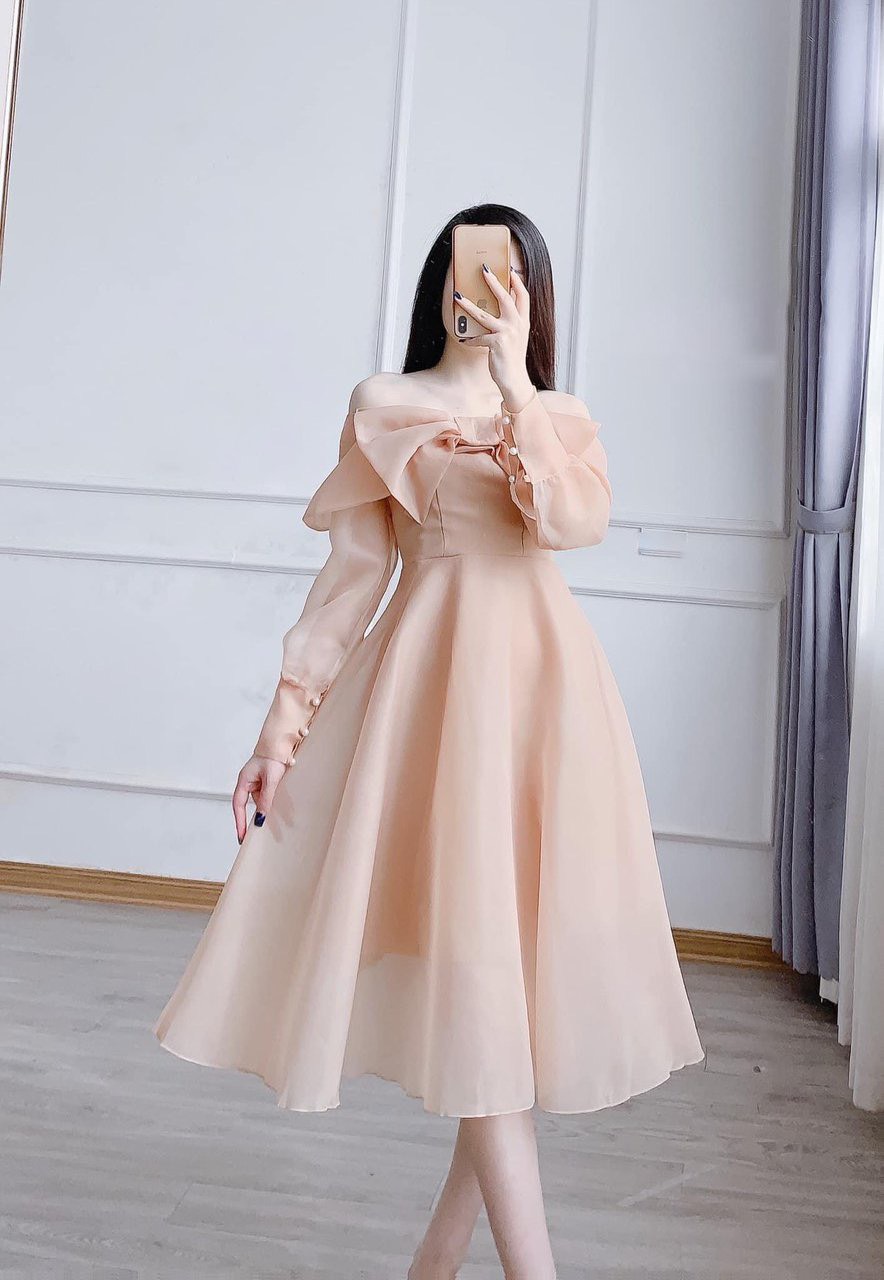 Đầm xòe nữ trễ vai voan kiếng tay dài phối nơ ngực dự tiệc đi chơi cực xinh ta33
