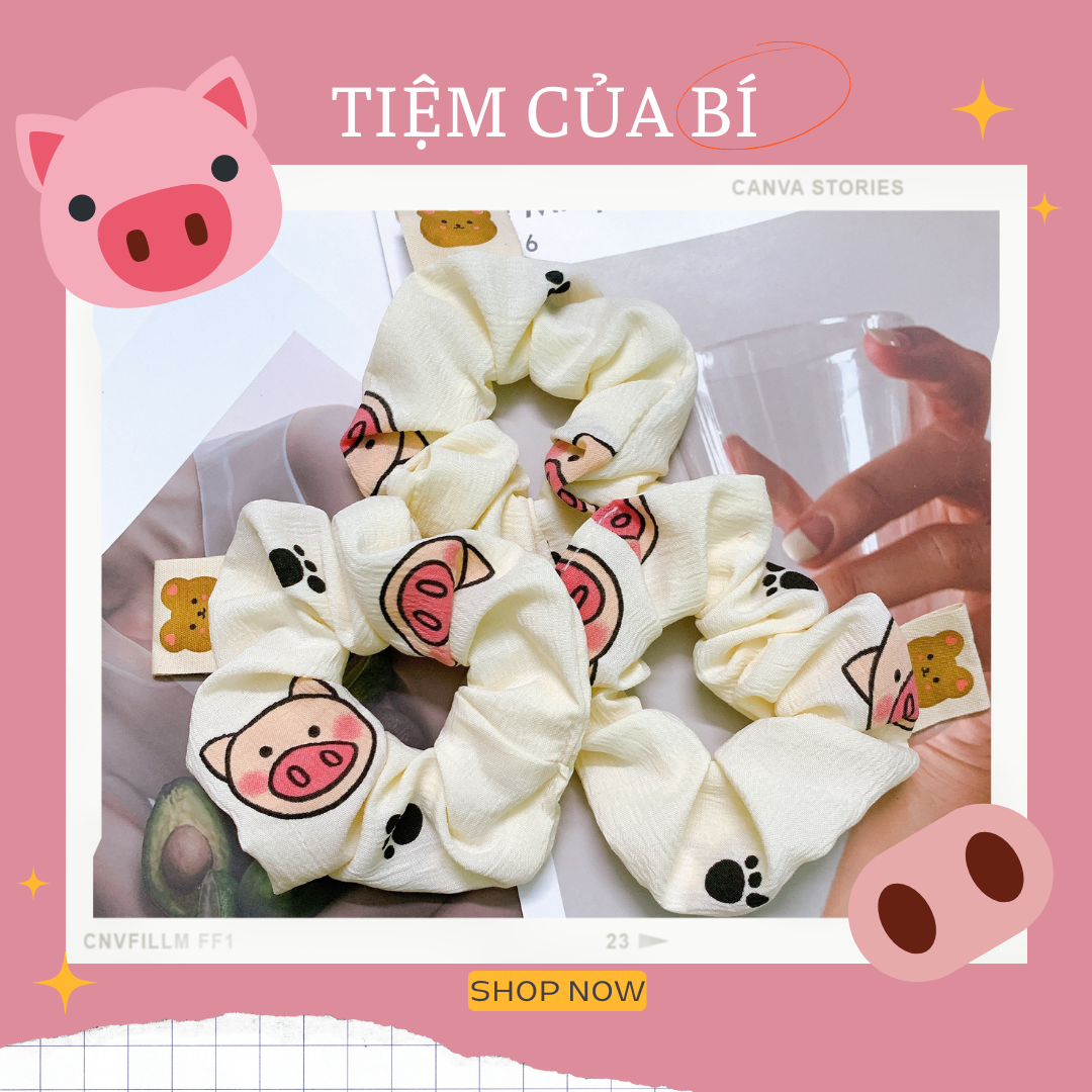 Scrunchies dây buộc tóc họa tiết heo xinh kèm tag gấu dễ thương