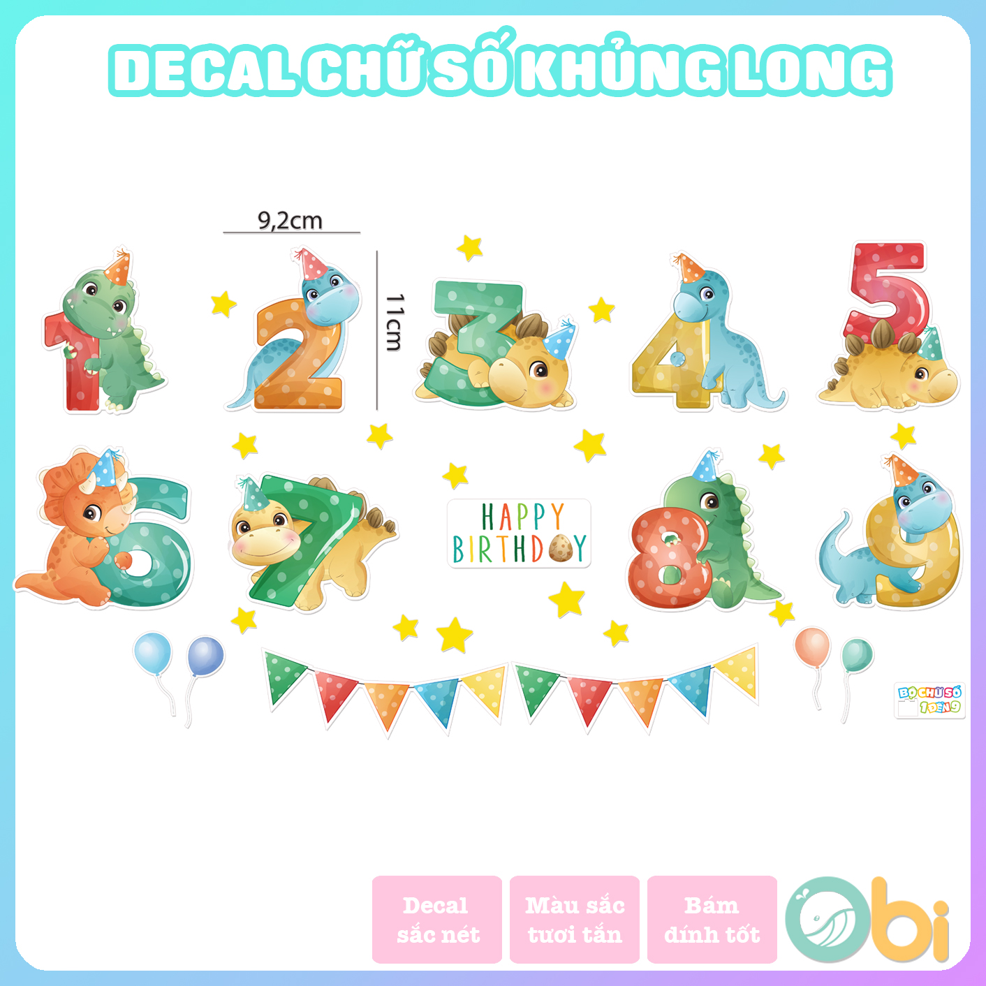 Decal dán tường cho bé - bảng chữ số khủng long obi