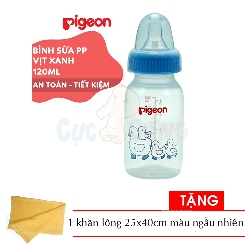 Bình sữa Pigeon hình (120ml/240ml) cổ thường Tặng Khăn tắm cotton siêu mềm màu ngẫu nhiên 25x40cm - binh sua co thuong