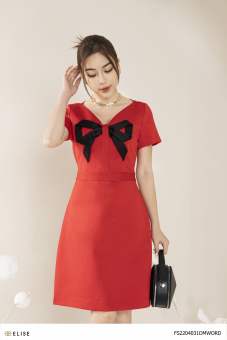 Đầm tafta đỏ phối nơ đen thiết kế Elise FS2204031DMWORD