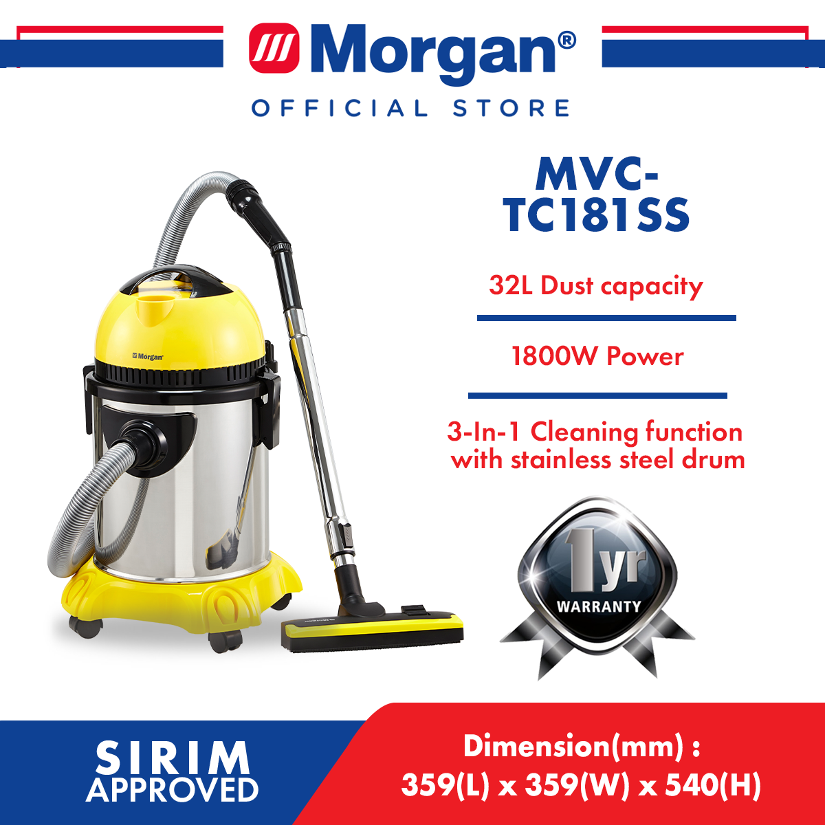 MORGAN MVC-TC181SS 3 IN 1 STAINLESS STEEL VACUUM CLEANER (DRY/WET/BLOW)