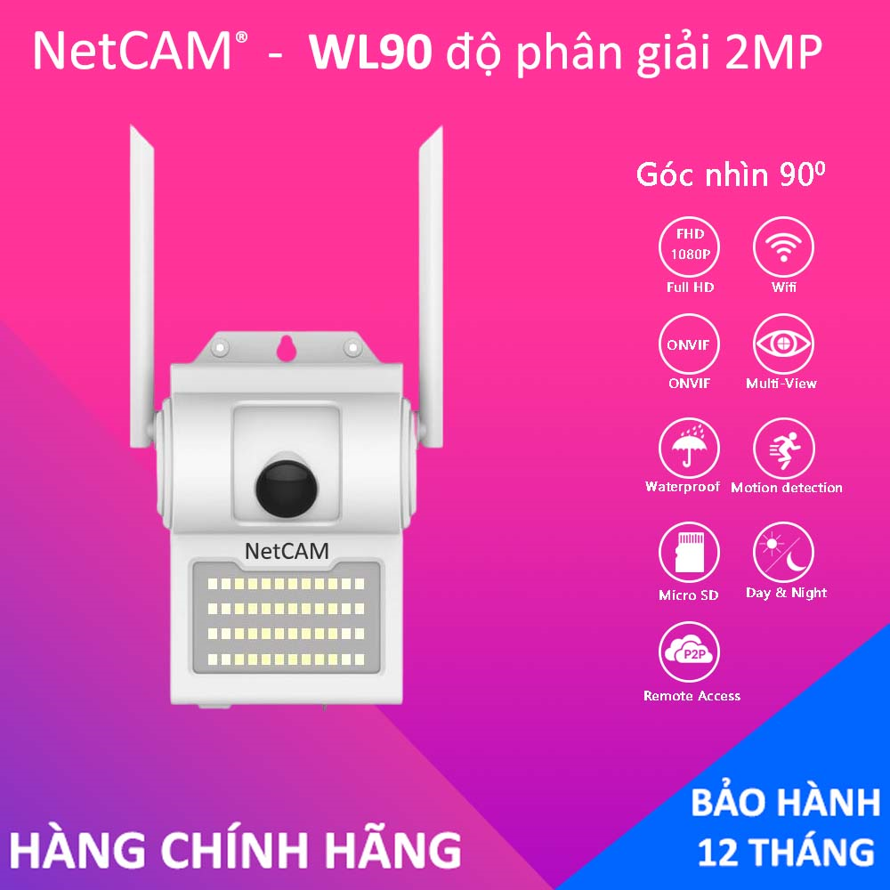 Camera WiFi Ngoài Trời NetCAM WL90 | 2MP | Góc Rộng 90º | Ghi hình Màu ban đêm | Cảnh báo chuyển động