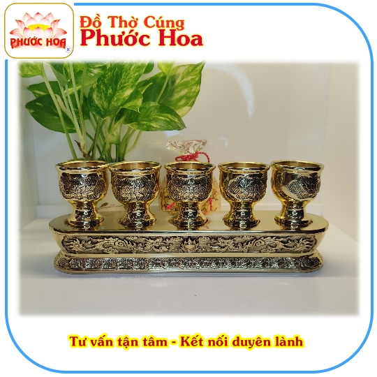 Bộ án nước 5 chung đồng, án 5 đài sen + 5 ly, đồ đồng vĩnh tiến - đồ thờ cúng phước hoa