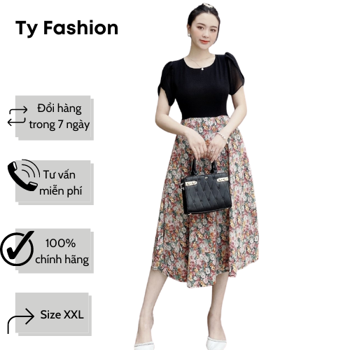 Đầm liền áo đen phối váy hoạ tiết Tyfashion phù hợp đi chơi đi tiệc công sở full size