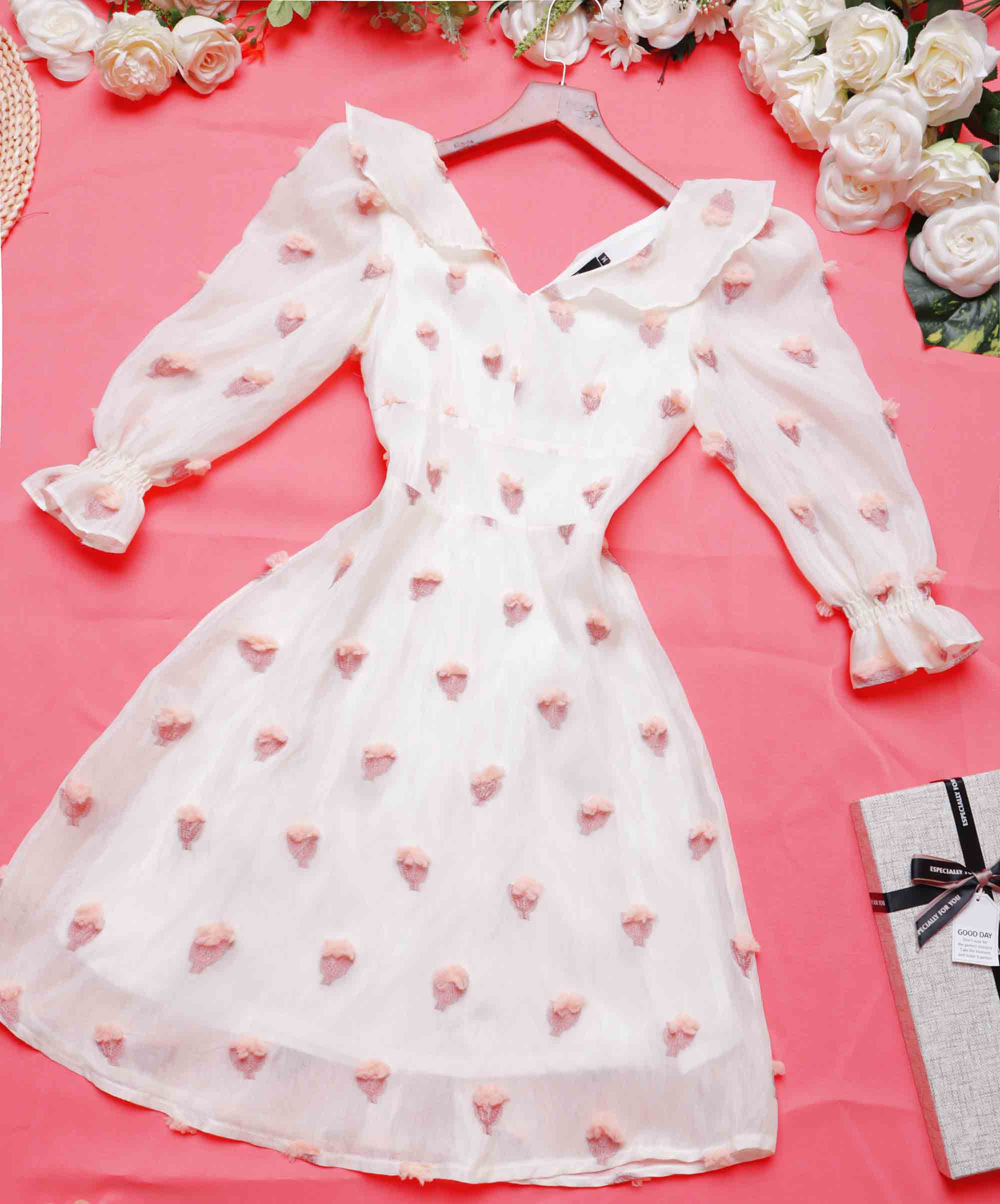 Đầm dự tiệc thiết kế sang trọng cổ v xòe đẹp tay lỡ thời trang cao cấp đi tiệc đi chơi vải tơ gân bông nổi - Lux W