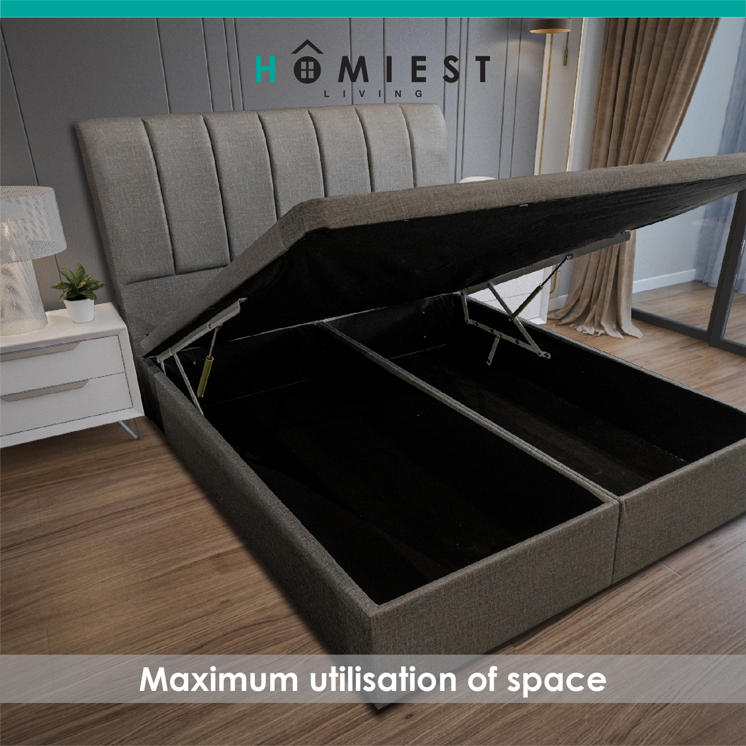 (Free Installation) Homiest / Bedframe / Storage / PU Leather / Single / Super Single / Queen / King / Grey · v2