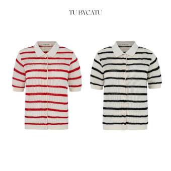 TUBYCATU | Áo polo kẻ sọc đen/ đỏ gài nút
