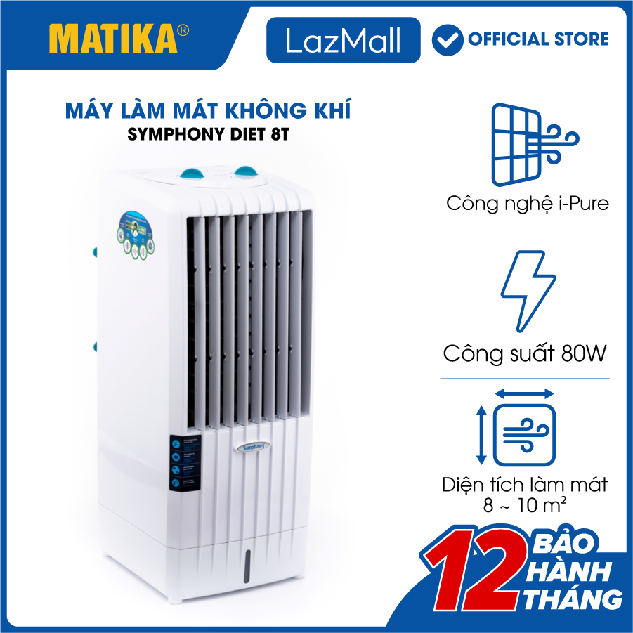 Máy Làm Mát Không Khí Quạt Điều Hòa SYMPHONY DiET 8T - Dung tích bể chứa 8L - Diện tích làm mát 8-10 m2 - Bảo hành 12 tháng - Hàng chính hãng
