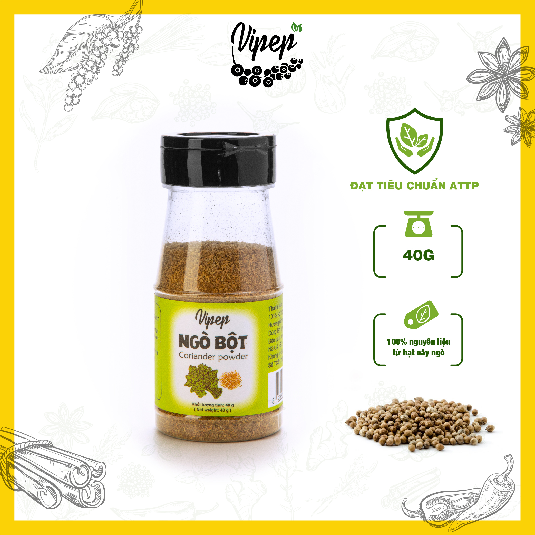 Bột ngò Vipep 40g 100% tự nhiên gia vị ướp thịt nướng thơm ngon, có thể dùng làm pate, nêm cà ri, nấu súp, chiên xào
