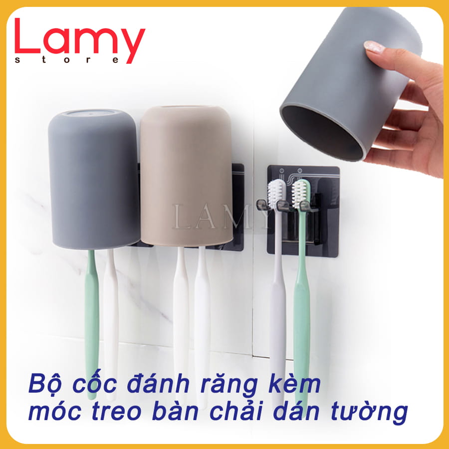 [NEW] Bộ Cốc Đánh Răng Kèm Móc Treo Bàn Chải Dán Tường Không Cần Khoan Lỗ Tiện Lợi