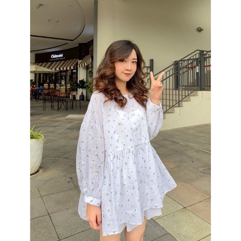 Áo babydoll hoa nhí nữ - sơ mi tay bồng hoa nhí dáng rộng
