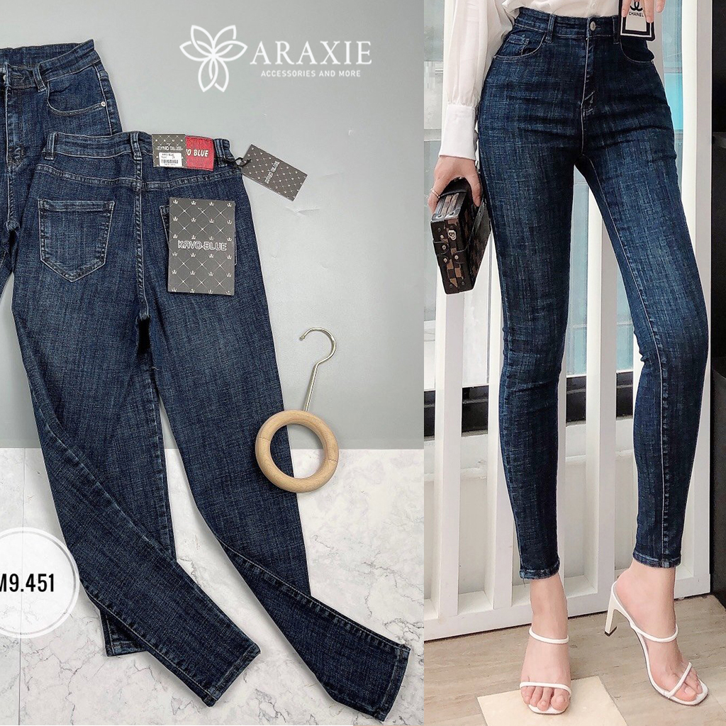 Quần Bò Nữ Ôm Cạp Cao Araxie Quần Jean Nữ Skinny Lưng Cao Màu Xanh Co Giãn 4 Chiều Hack Dáng Kéo Dài Chân M9451
