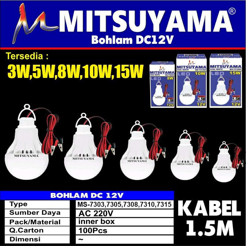HBS Lampu Bohlam DC 12V Bohlam Aki Jepit Baterai LED Putih Mitsuyama Panjang Kabel 15 Meter