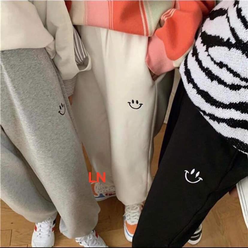 Quần boom logo mặt cười- Quần Chất da cá form rộng chun gấu, jogger thun trơn Siêu HOT HIT