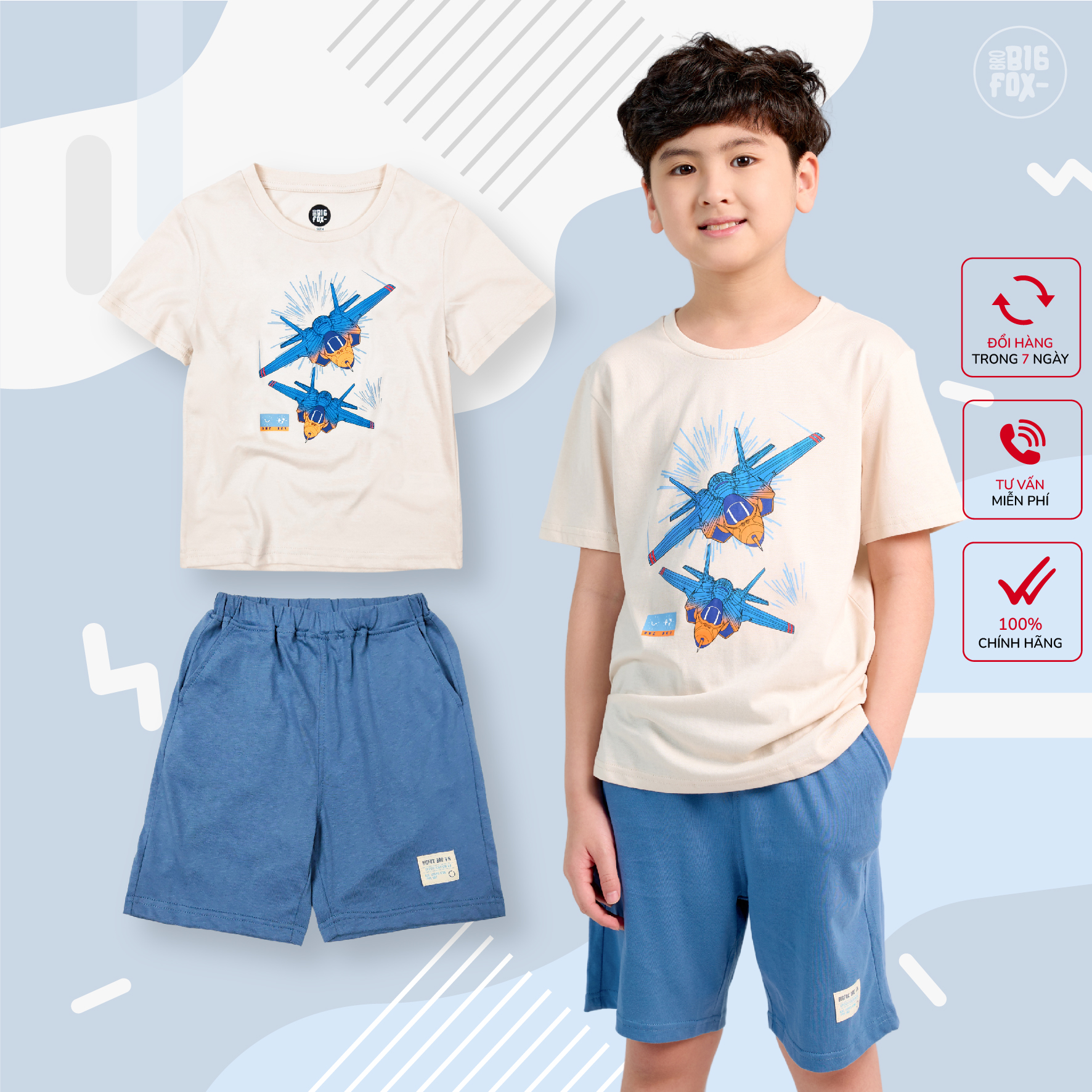 Bộ bé trai size đại, bộ đồ cộc tay cho bé chất cotton phong cách Âu Mỹ hình in máy bay chiến đấu size 11 – 40 kg QATE  3-11 tuổi