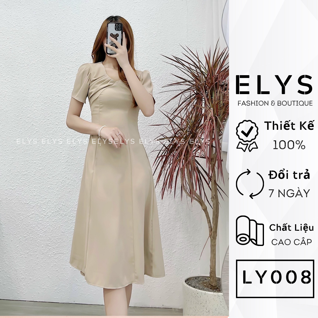 Váy đầm tiểu thư công sở tay bồng xếp ly ngực elys chất trượt cao cấp thiết kế chiết ly eo dáng xòe nhẹ ly008