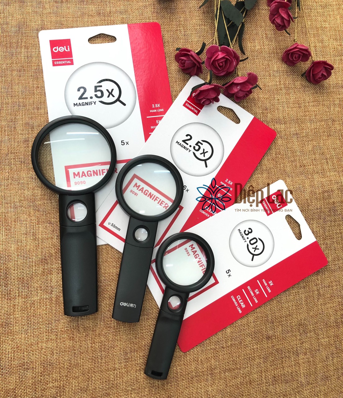 Kính lúp deli chính hãng - kính lúp 50mm e9092/kính lúp 60mm e9091/kính lúp 75mm e9090 - vpp đức minh