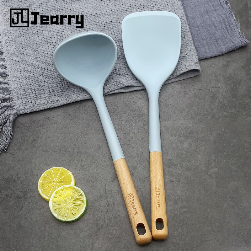 Gambar Jearry Silicone Cookware 2PCS Wooden Handle Spatula Ladle Heat Resistant Food Grade Silicone Kitchen Utensils