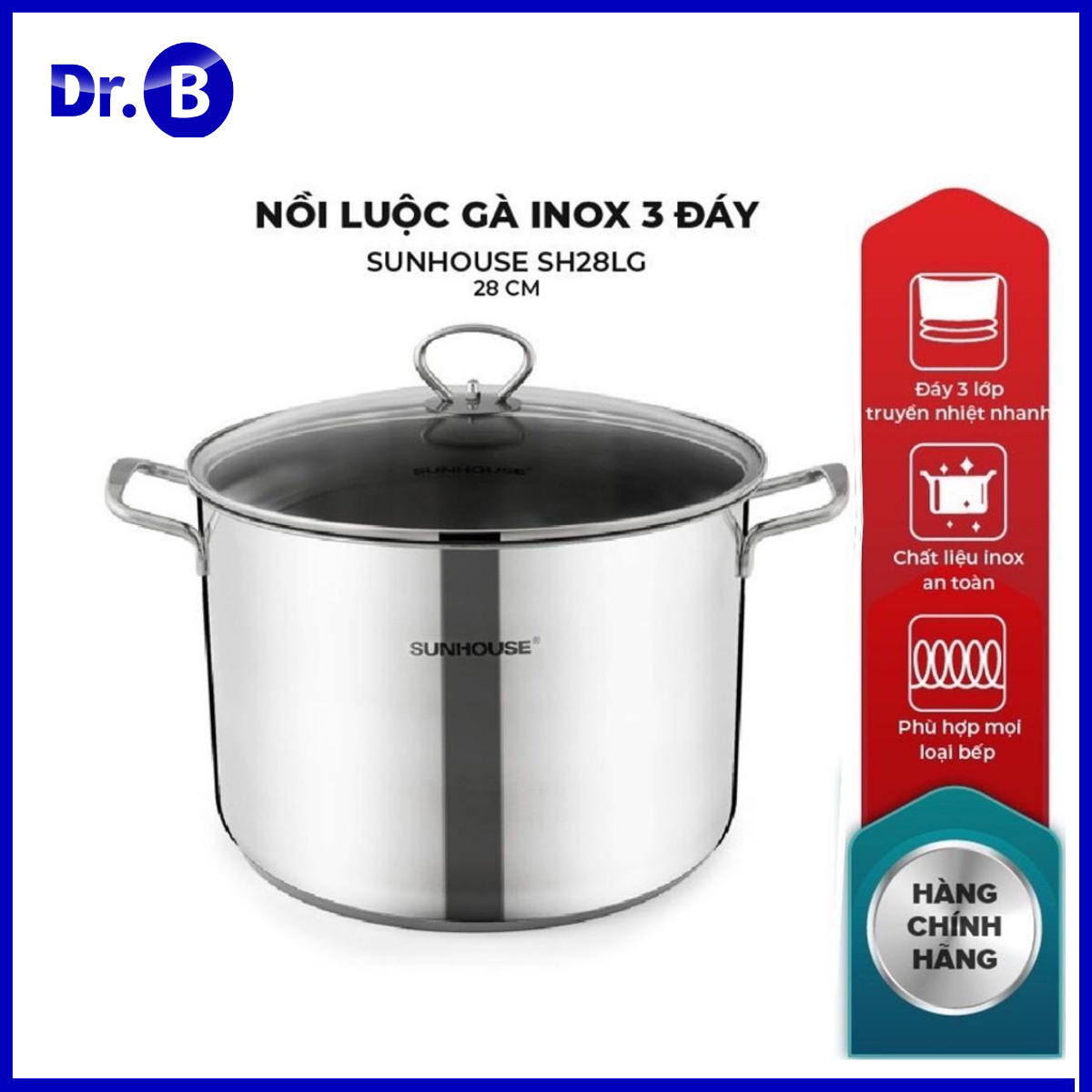 Nồi luộc gà, nồi Sunhouse inox đáy 3 lớp đường kính 28cm cao cấp dùng được mọi loại bếp