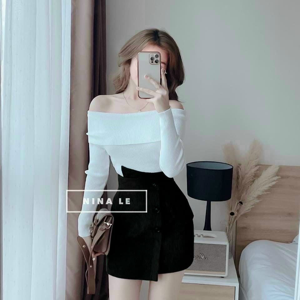 [Set Mới]Set nữ kiểu dáng trễ vai tay dài sang trọng thời thượng chất liệu áo gân váy for thời trang HARI