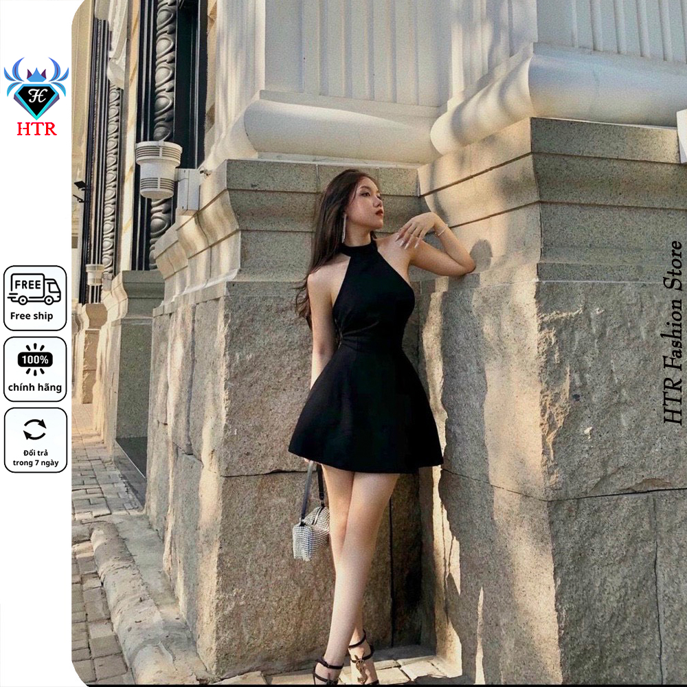 Đầm dự tiệc dạo phố V-Đen-99 cổ yếm dáng xòe sexy - HTR Fashion