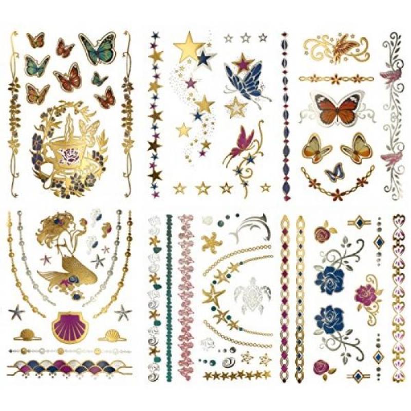 Buy Temporary Tattoos for Kids and Adults - 75+ Metallic Shimmer Fairy Costume DIY Halloween Mermaid Fake Jewelry Tattoos in Colors - Butterflies, Roses, Stars, Fairies (Bella Collection) Singapore